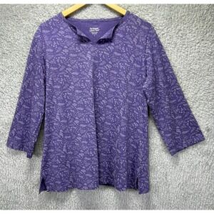 The Vermont Country Store Womens L Floral Print Cotton Tunic Top Purple 3/4 Slv